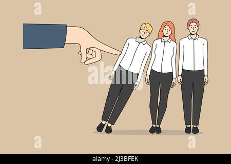Businessman finger touch employees figures make them fall. Concept of domino effect at workplace. Strong male work leader push colleagues or rivals out. Vector illustration, cartoon character.  Stock Vector