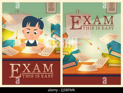 Boy solve test, pass exam in school cartoon posters. Schoolboy filling paper form at examination. Kid sitting at desk with textbooks piles around. Edu Stock Vector