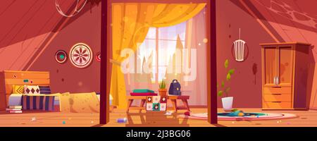 Abandoned bohemian bedroom on attic, messy interior, neglected boho room with scattered rubbish, old furniture, cracked walls, spider web on ceiling, Stock Vector
