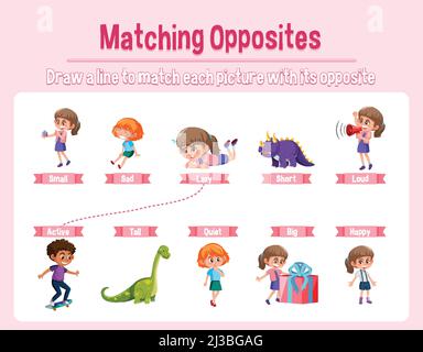 Matching opposite words worksheet illustration Stock Vector