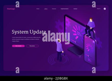 System update isometric landing page, new software setup upgrade, installing, computer maintenance digital concept with tiny business characters at hu Stock Vector