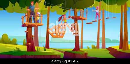 Adventure park rope ladder. Kids, man and woman climbing on wooden rungs and timbers hanging on tree trunks. Vector cartoon summer landscape of forest Stock Vector