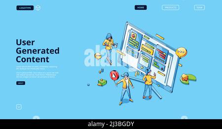 User generated content isometric landing page, tiny people around of huge computer desktop with graphs and files, consumers create media, news and art Stock Vector