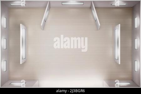 Museum empty interior top view, art gallery 3d room with illuminated picture frames on white walls, wooden floor and passages. Place for exhibit prese Stock Vector