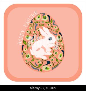 Happy Easter holiday and Hello spring concept in pastel colors cartoon style design. Isolated vector greeting card with Easter bunny in decorated with Stock Vector