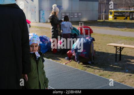 Ukrainian refugee children at the Berlin Central Station, after escaping war. Stock Photo