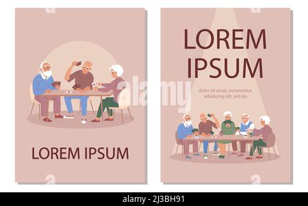 Elderly people play card games. Posters in flat style, vector. Retirement age people have fun playing board games together. Old men and aged women Stock Vector