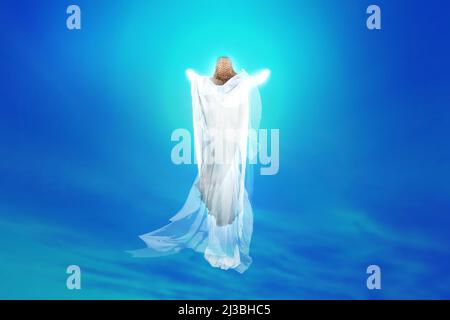 Resurrection of Jesus Christ. Jesus in Heaven. Easter Sunday background. 3D render illustration. Stock Photo