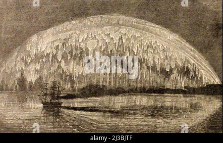 Aurora Borealis as viewed from the wooden steam sailing ship Pandora when crossing Arctic Circle waters whilst looking for a north-west passage in 1876. The trip was organised by Sir Allen Young who owned the British vessel . Stock Photo