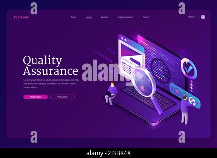 Quality assurance isometric landing page. Tiny characters fixing bugs on huge pc. Qa software development for digital device. Process of optimization, Stock Vector