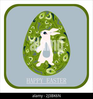 Happy Easter holiday and Hello spring concept in pastel colors cartoon style design. Isolated vector greeting card with Easter bunny in decorated with Stock Vector