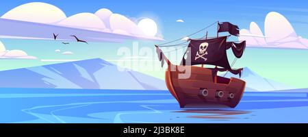 Pirate ship with black sails and flag with skull and crossbones in sea. Vector cartoon landscape of lake with mountains on horizon. Seascape with old Stock Vector