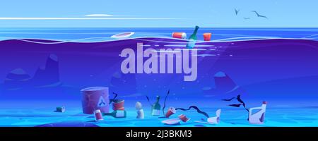 Pollution ocean by plastic trash and litter. Vector cartoon illustration of sea with floating cups, bottles and garbage in water and on bottom. Pollut Stock Vector