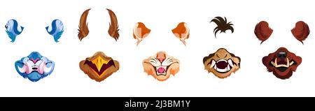 Face filter with animal masks for selfie photo, video chat and social media content. Vector cartoon set of scary mouth with teeth and fangs and ears o Stock Vector