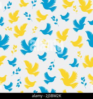 Seamless pattern dove of peace with an olive branch. Vector flat seamless pattern in blue and yellow. Flying bird on a flag background. Stock Vector