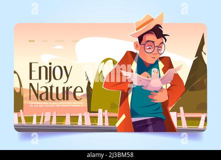 Enjoy nature banner with man caress white dove. Vector landing page with cartoon illustration of character in hat and glasses holding pigeon on hand i Stock Vector