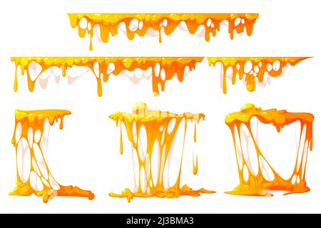 Flowing melted cheese isolated on white background. Vector cartoon borders of hot cheddar, parmesan or holland cheesy slices with holes and molten liq Stock Vector