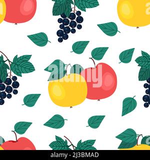 Ripe black currants and apples seamless pattern. Sprig of black currant. Vitamin berries. Vector illustration. Fruit print Stock Vector