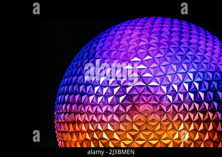 A close-up of Epcot's main attraction-Spaceship Earth  during the night. Stock Photo