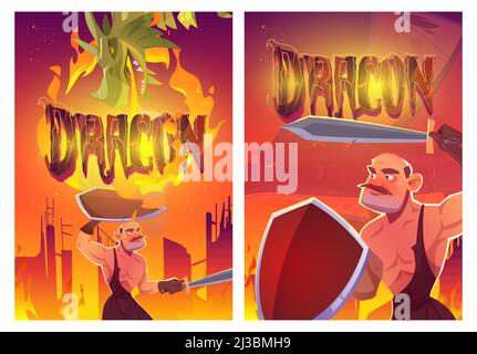 Dragon attack knight cartoon posters, magic character breathing with fire fighting with medieval warrior with sword and shield. Epic scene for fairyta Stock Vector