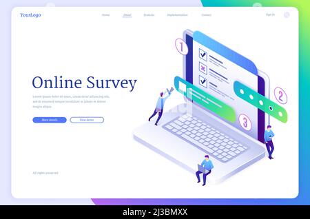 Online survey isometric landing page, tiny people fill online form on huge laptop with test, quiz or exam checklist or document on screen, questionnai Stock Vector