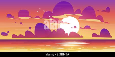 Sunset in ocean, nature landscape background, pink and purple fluffy clouds in orange sky with sun shining above tranquil sea water surface, illuminat Stock Vector