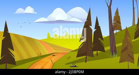 Cartoon nature landscape, rural dirt road going along green field with conifers trees. Path and spruces under blue sky with fluffy clouds and flying b Stock Vector