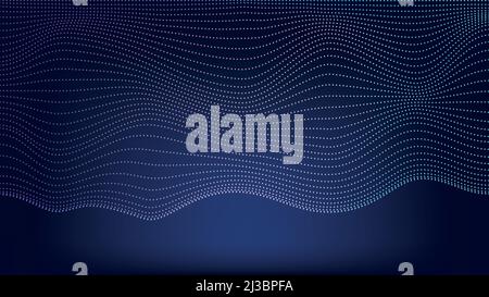 Wavy smooth wallpaper with gradient curves from atoms in the dark. 3d space from dotted lines Stock Vector