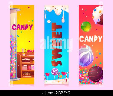 Sweets and candies cartoon vertical banners or bookmarks with confectionery or patisserie products, store showcase with chocolate cakes and lollipops, Stock Vector