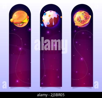 Funny bookmarks with food planets in outer space. Vector vertical banners with cartoon illustration of fantasy galaxy with spheres with pizza, burger Stock Vector