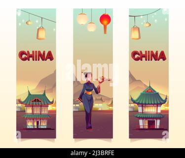China and Chinese culture vertical banners or bookmarks. Asian woman in traditional kimono carry tray with pot and cups for tea ceremony, authentic bu Stock Vector