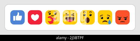 Set of flat round corner square comment emoticons. Social media chat emotion reactions, icons collection of ike, love, care, sad, tears, lol, wow and Stock Vector