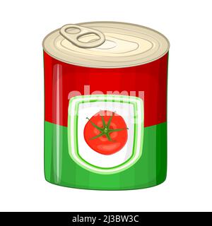Tomato tin can. Canned puree, stewed, chopped or condensed soup tomato package. Ketchup, sauce and dressing in metallic can. Stock vector illustration Stock Vector