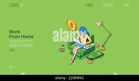 Work from home isometric landing page. Woman freelancer working on laptop sitting on armchair at domestic office. Distant workplace for businesswoman, Stock Vector