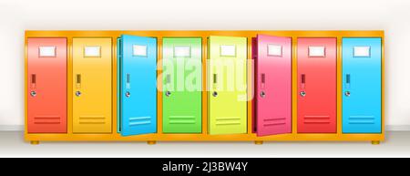 Colorful lockers, vector school or gym changing room metal cabinets. Row of multicolored storage with closed and open doors, keys and name plates in c Stock Vector