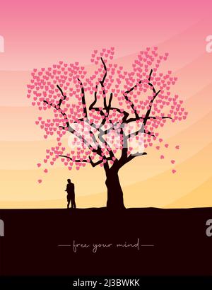 couple in love stands under a big tree at sunset Stock Vector