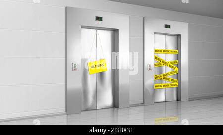Out of order elevator with closed broken door, yellow warning stripes and banner in office or house hallway. Vector realistic illustration of modern l Stock Vector