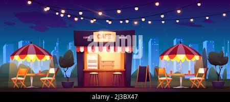 Street cafe with coffee and snacks at night. Vector cartoon cityscape with outdoor cafeteria with umbrellas, tables and chairs on sidewalk. Fast food Stock Vector