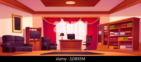 Luxury office interior with wooden furniture, computer on table, sofa and bookcase. Vector cartoon illustration of empty chief cabinet in classic styl Stock Vector