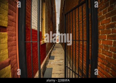 A view of an alleyway with colorful walls from both sides and an entrance with black metal bars Stock Photo