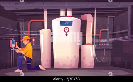 Home basement with boiler and water pipes. Plumber repairs electric heating system. Vector cartoon interior of boiler room in house cellar with heater Stock Vector