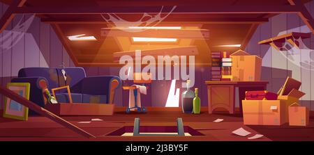 Dirty house attic with old furniture and cardboard boxes. Vector cartoon interior of attic room in abandoned building with broken wall and roof, chair Stock Vector