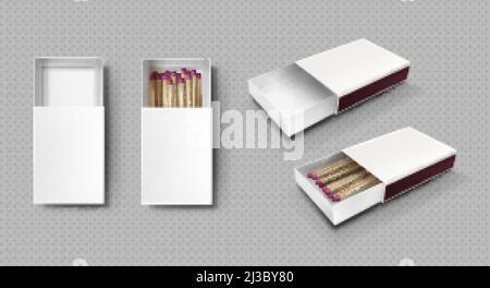 Matches in box, matchsticks with pink sulphur and wooden sticks lying in open case top view and isometric projection isolated on transparent backgroun Stock Vector