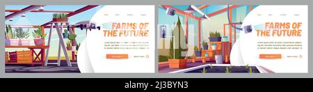 Farms of future websites. Concept of smart farming, cultivation technologies and innovations. Vector banners with cartoon illustration of glass greenh Stock Vector