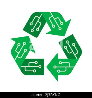 E-waste recycling concept. Recycle sign with microchip components. Reusable electronic trash. Refurbished computer industry product. Vector Stock Vector
