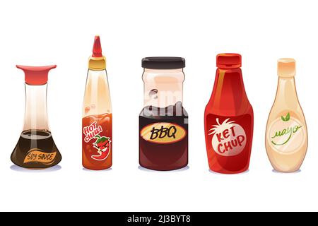 Sauces and dressings in glass and plastic bottles isolated on white background. Ketchup, mayonnaise, bbq, hot chilli and soy seasoning in package. Vec Stock Vector