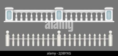 White marble balustrade, handrail for balcony, porch or garden in classic roman style. Vector realistic set of stone railing sections, banister with p Stock Vector