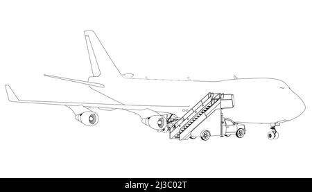 Outline of a passenger plane with a ladder from black lines isolated on a white background. Vector illustration. Stock Vector