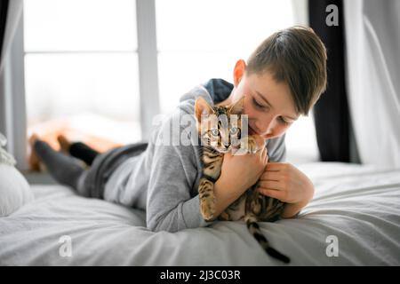 Bengal cat in the bed room with child boy Stock Photo