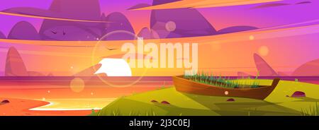 Sunset beach and old wooden boat with growing grass inside. Ocean landscape, purple clouds in sky with shining sun above sea water, scenery evening sh Stock Vector